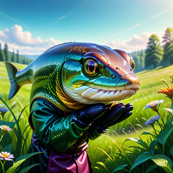 Illustration of a eel in a gloves in the meadow