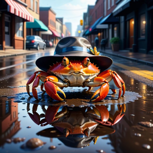 Drawing of a crab in a hat in the puddle