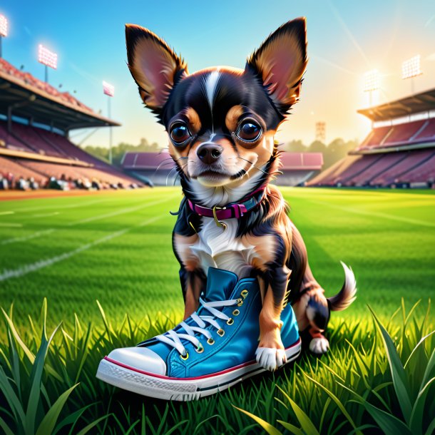 Drawing of a chihuahua in a shoes on the field