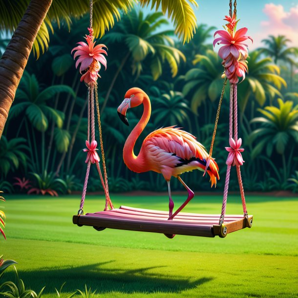 Picture of a swinging on a swing of a flamingo on the field