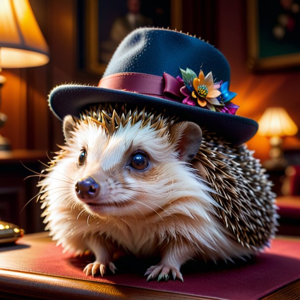 Picture of a hedgehog in a hat in the house