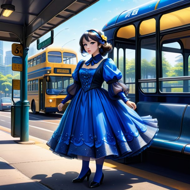 Illustration of a blue tang in a dress on the bus stop