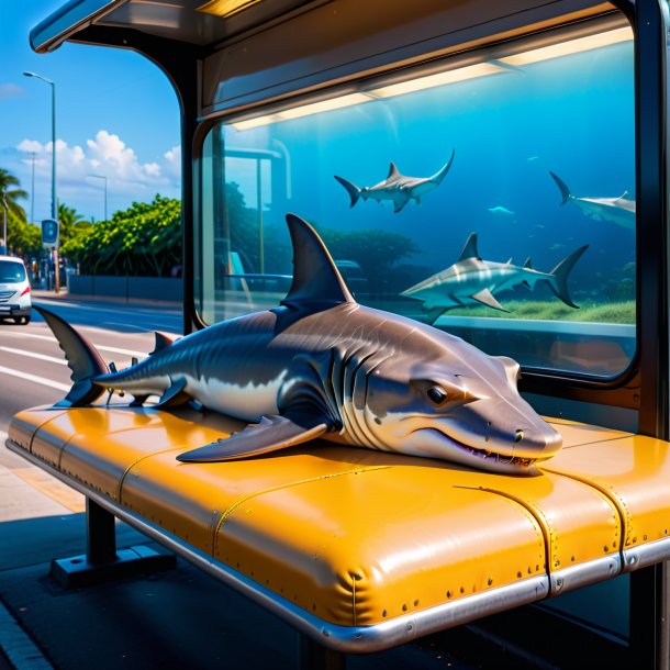 Photo of a sleeping of a hammerhead shark on the bus stop