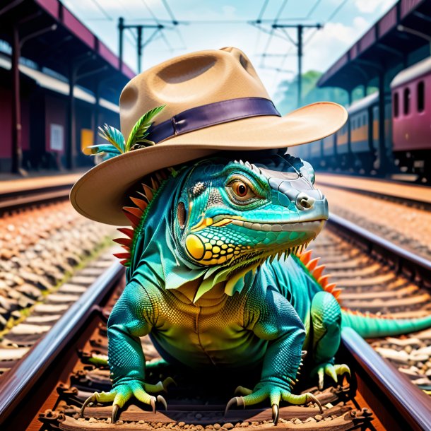 Picture of a iguana in a hat on the railway tracks