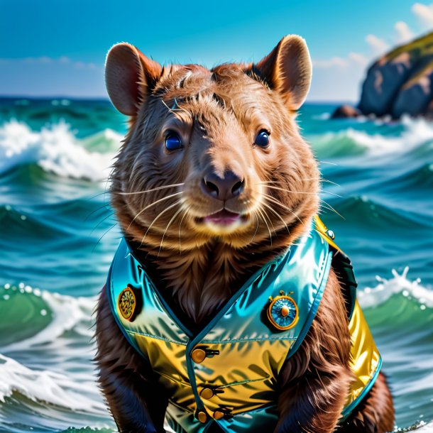 Photo of a wombat in a vest in the sea