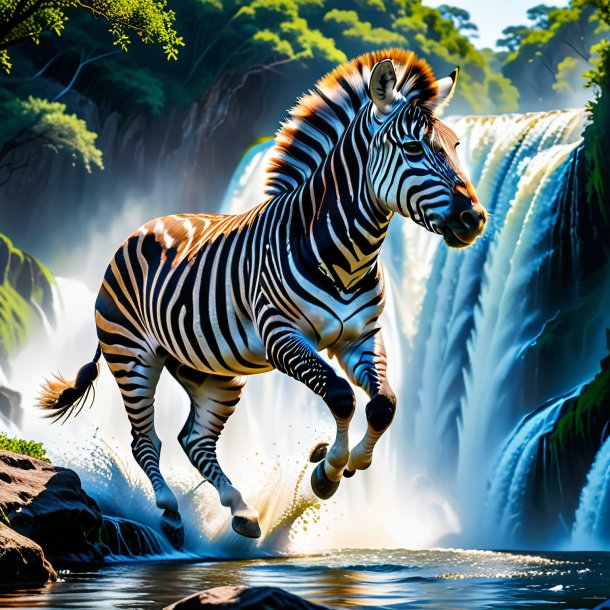 Image of a jumping of a zebra in the waterfall