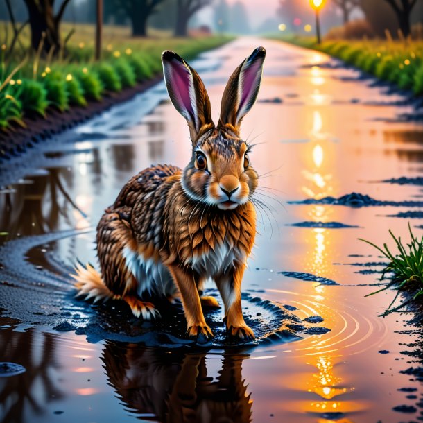 Picture of a threatening of a hare in the puddle