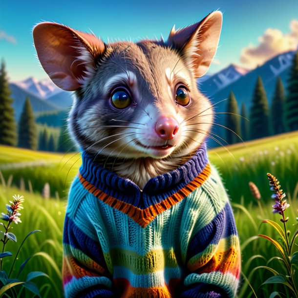 Photo of a possum in a sweater in the meadow