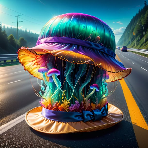 Drawing of a jellyfish in a hat on the highway