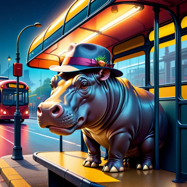 Illustration of a hippopotamus in a hat on the bus stop