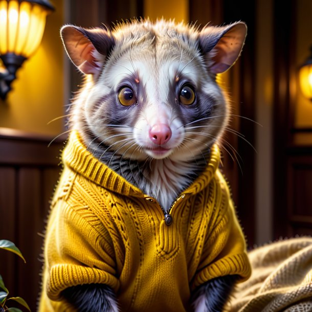 Image of a possum in a yellow sweater