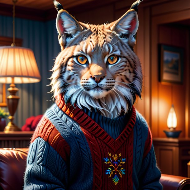 Illustration of a lynx in a sweater in the house
