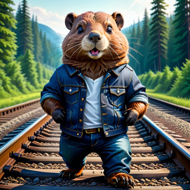 Ilustração de um castor em um jeans nos trilhos ferroviários