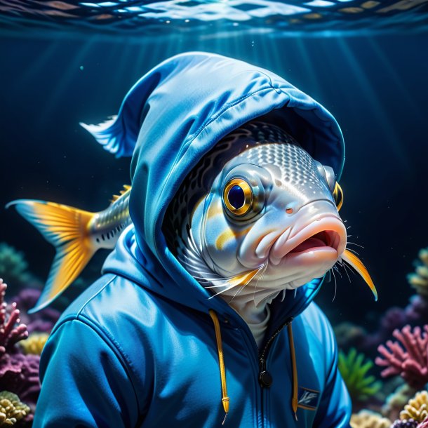 Photo of a fish in a blue hoodie