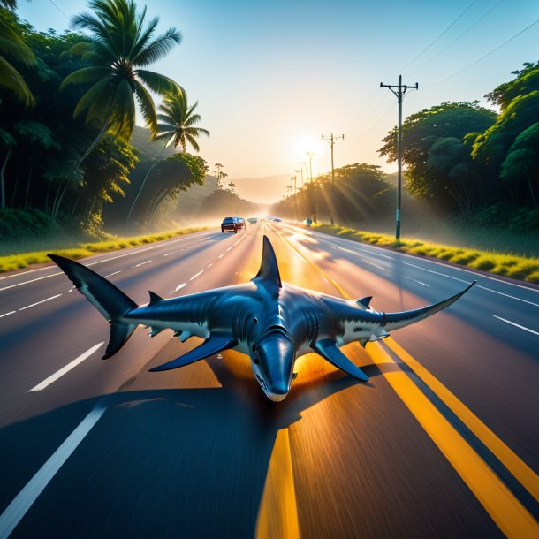 Pic of a swimming of a hammerhead shark on the road