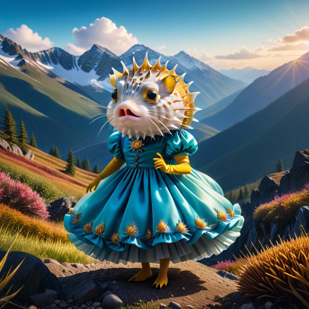 Image of a pufferfish in a dress in the mountains