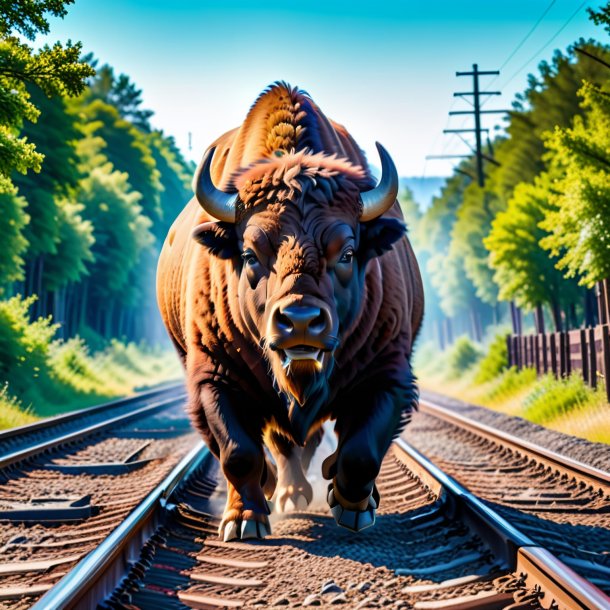Picture of a threatening of a bison on the railway tracks