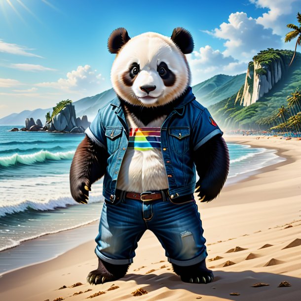 Drawing of a giant panda in a jeans on the beach