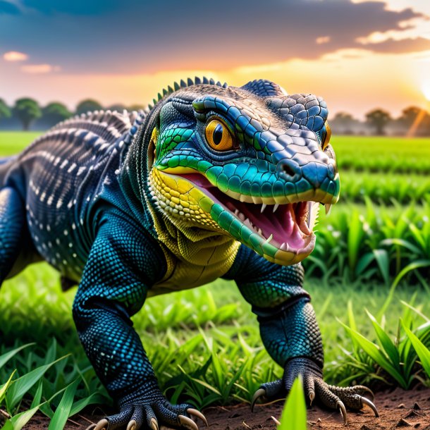 Photo of a threatening of a monitor lizard on the field