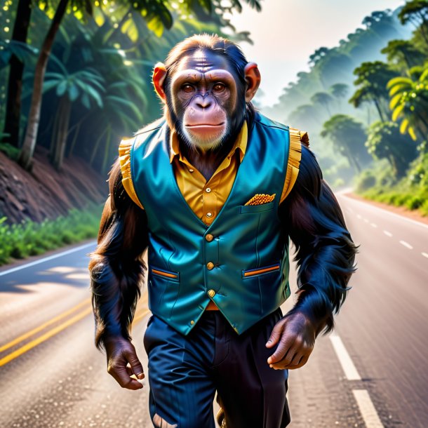 Picture of a chimpanzee in a vest on the road
