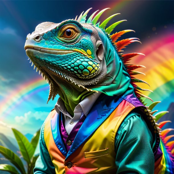 Foto de uma iguana em um colete no arco-íris