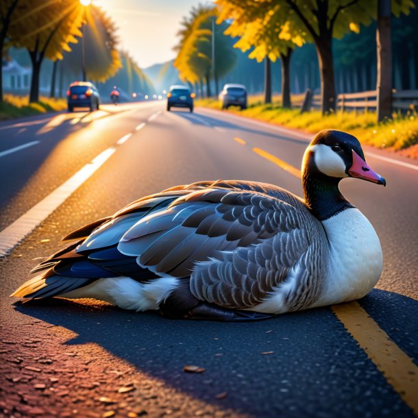 Image of a sleeping of a goose on the road