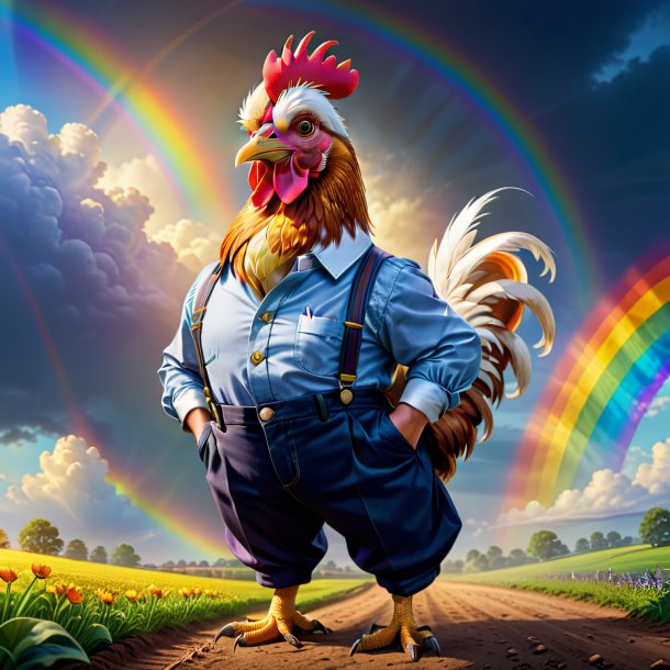Illustration of a hen in a trousers on the rainbow