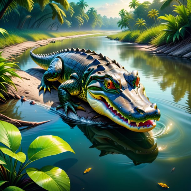 Ilustración de un caimán en un zapato en el río