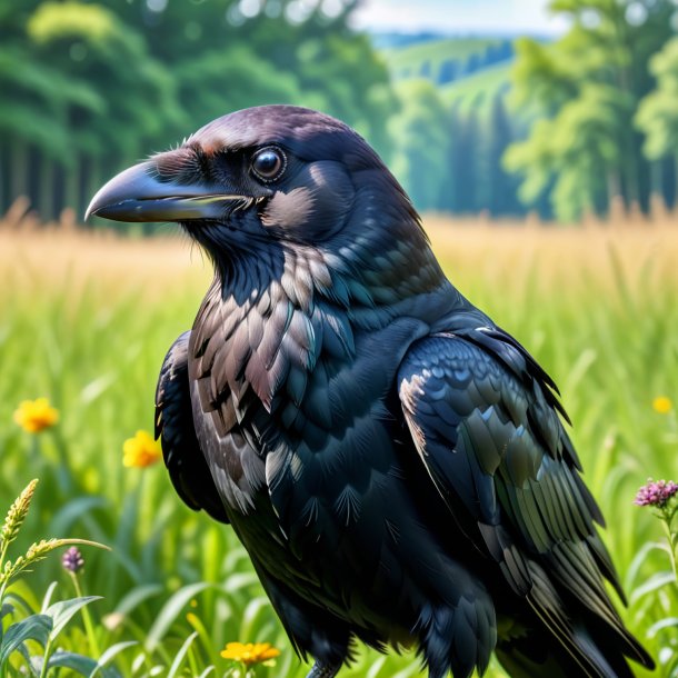 Photo of a smiling of a crow in the meadow