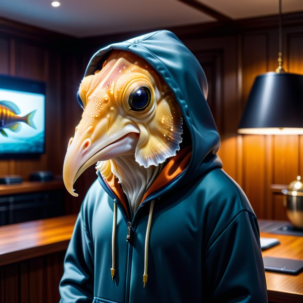 Picture of a cuttlefish in a hoodie in the house