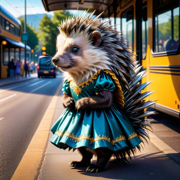 Picture of a porcupine in a dress on the bus stop