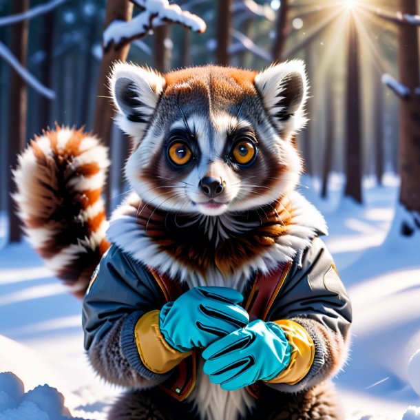 Image of a lemur in a gloves in the snow