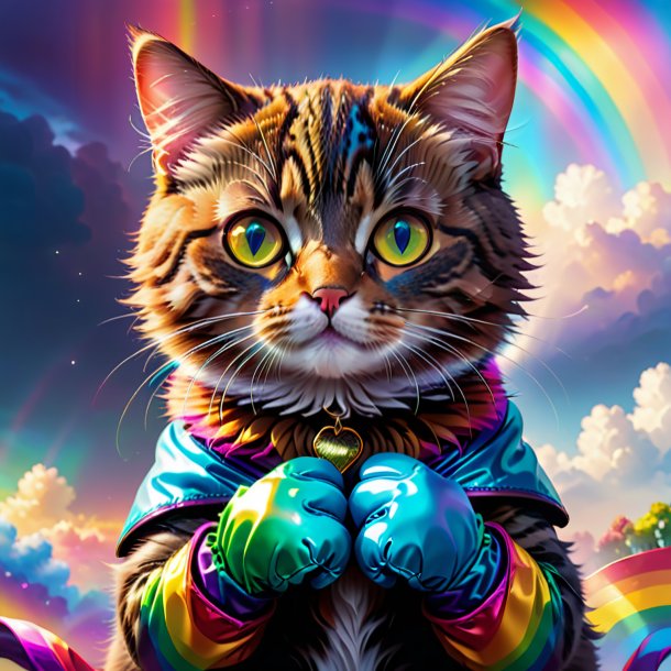Illustration of a cat in a gloves on the rainbow