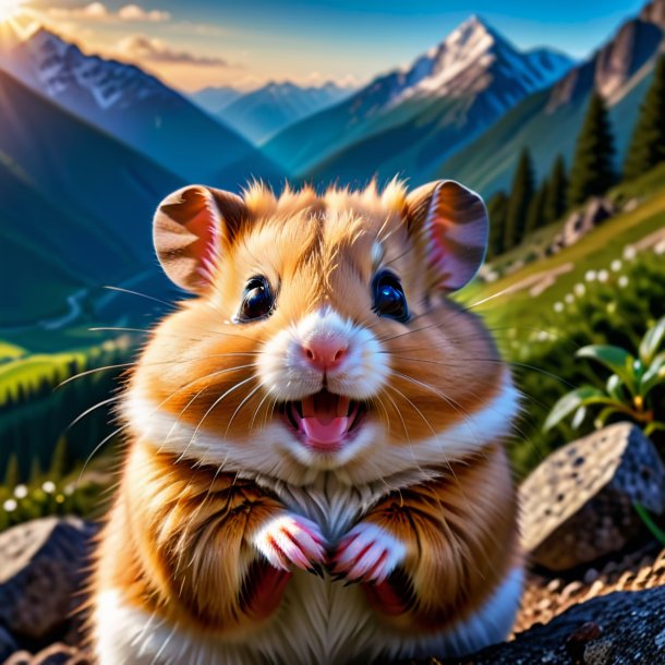 Photo of a smiling of a hamster in the mountains