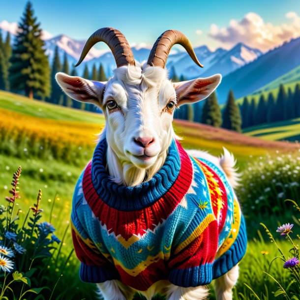 Photo of a goat in a sweater in the meadow