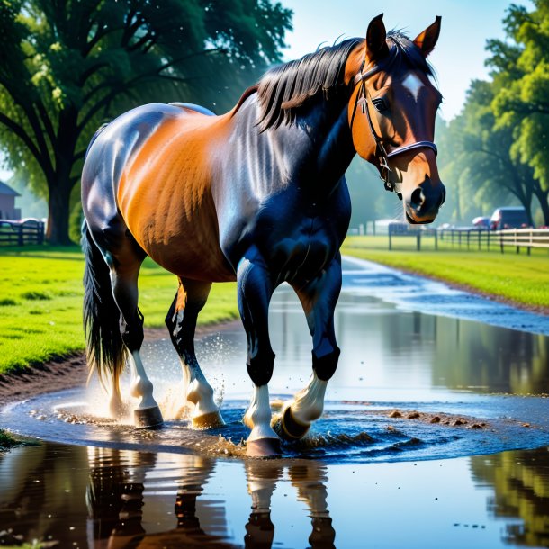 Foto de un caballo en un jeans en el charco