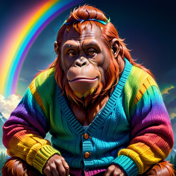 Drawing of a orangutan in a sweater on the rainbow