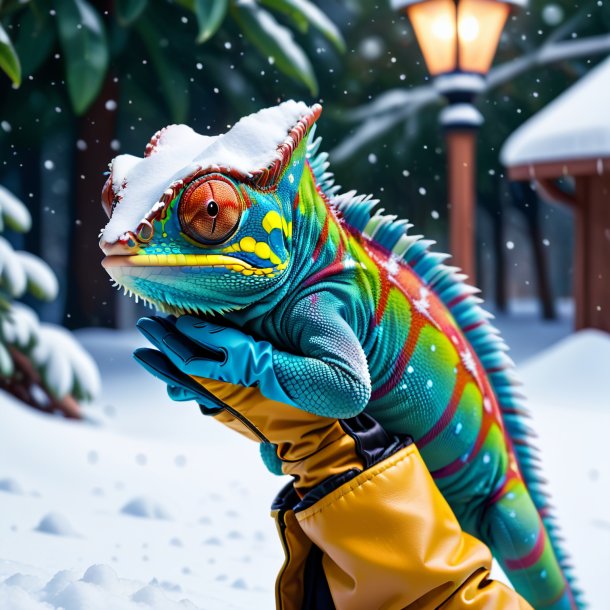 Imagen de un camaleón en los guantes en la nieve