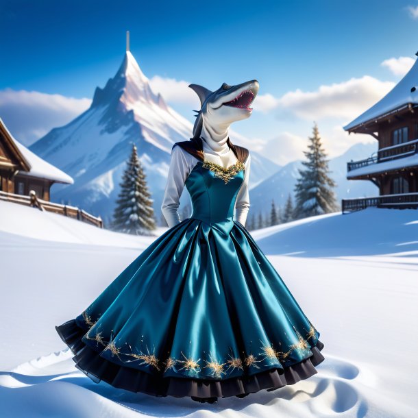 Photo of a hammerhead shark in a dress in the snow
