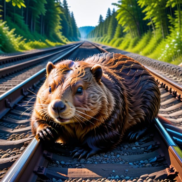 Imagem de um sono de um castor nos trilhos ferroviários