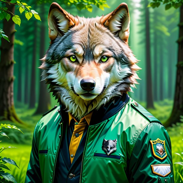 Picture of a wolf in a green jacket