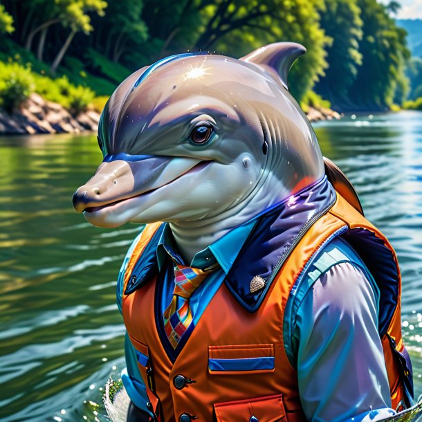 Picture of a dolphin in a vest in the river