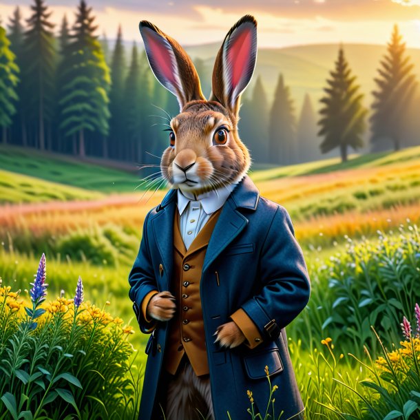 Pic of a hare in a coat in the meadow