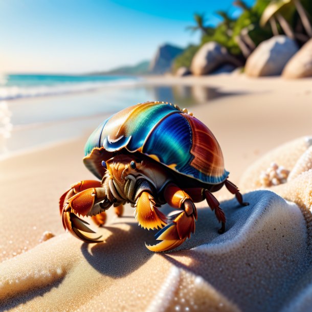 Photo of a hermit crab in a shoes on the beach