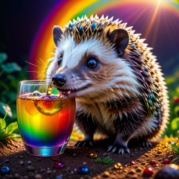 Photo of a drinking of a hedgehog on the rainbow