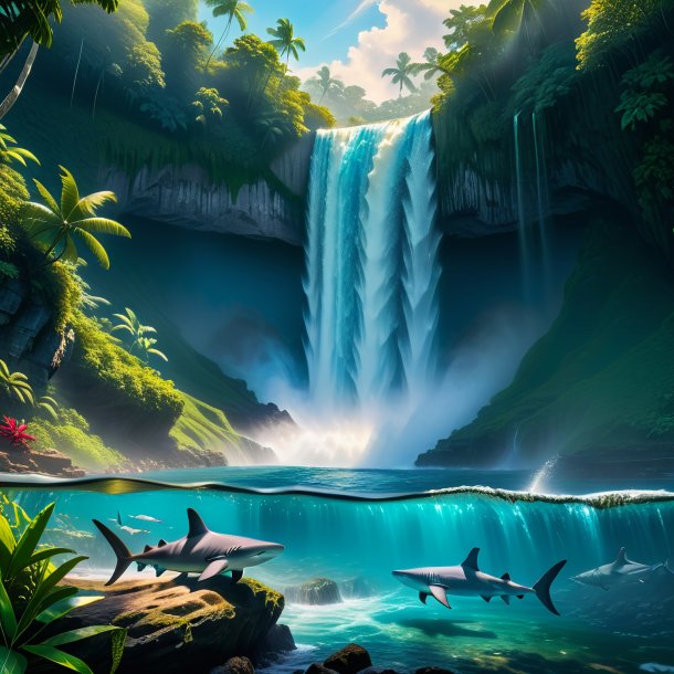 Pic of a waiting of a hammerhead shark in the waterfall