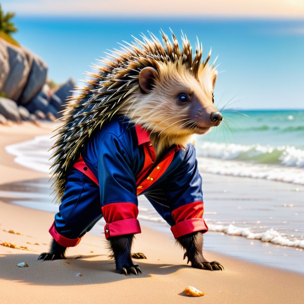 Pic of a porcupine in a trousers on the beach