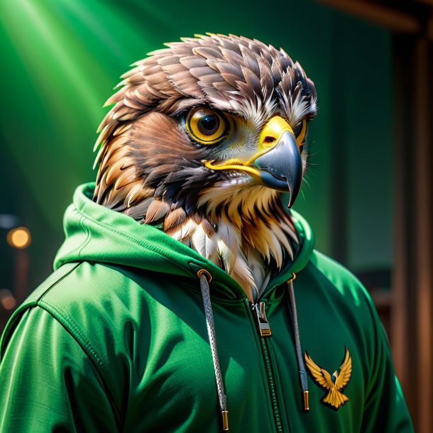 Image of a hawk in a green hoodie