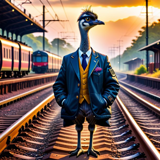 Imagem de uma emu em uma jaqueta nos trilhos ferroviários