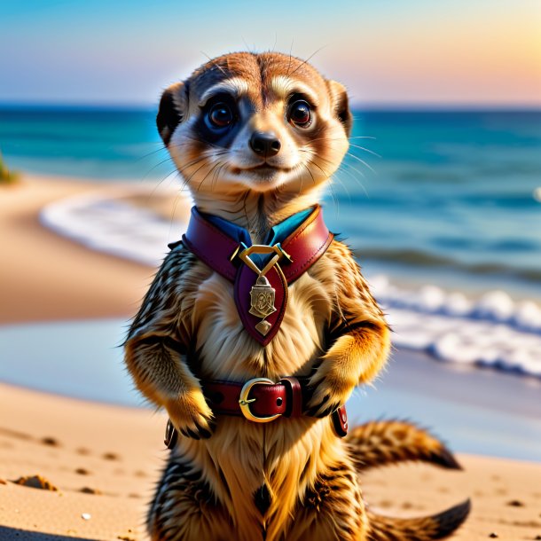 Picture of a meerkat in a belt on the beach